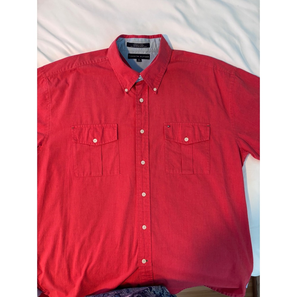 Tommy Hilfiger Mens Red Short Sleeve Button Down Shirt XL Cotton Dual Pockets